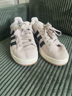 adidas Women’s Pale Pink Suede Sneakers with Black Stripes